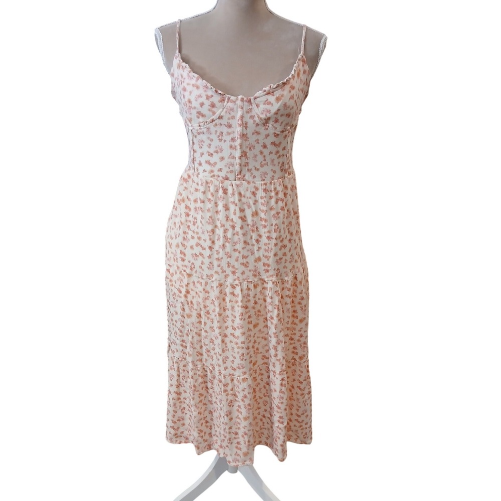 Dee Elly Floral Print Corset Midi Dress Pink White Spaghetti Strap Tiered Lined